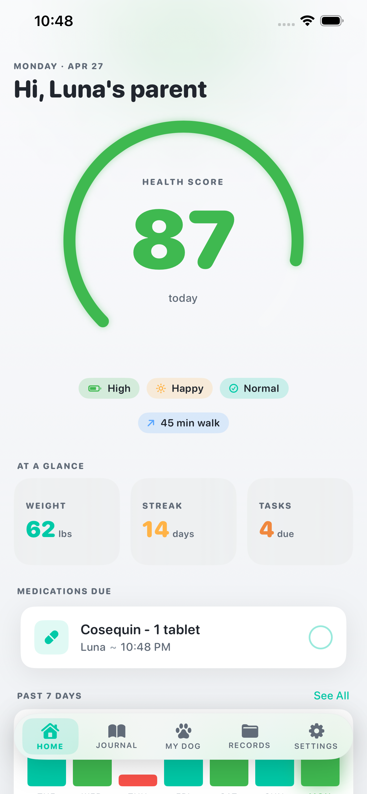 FurScore home screen showing Luna's daily Health Score of 87