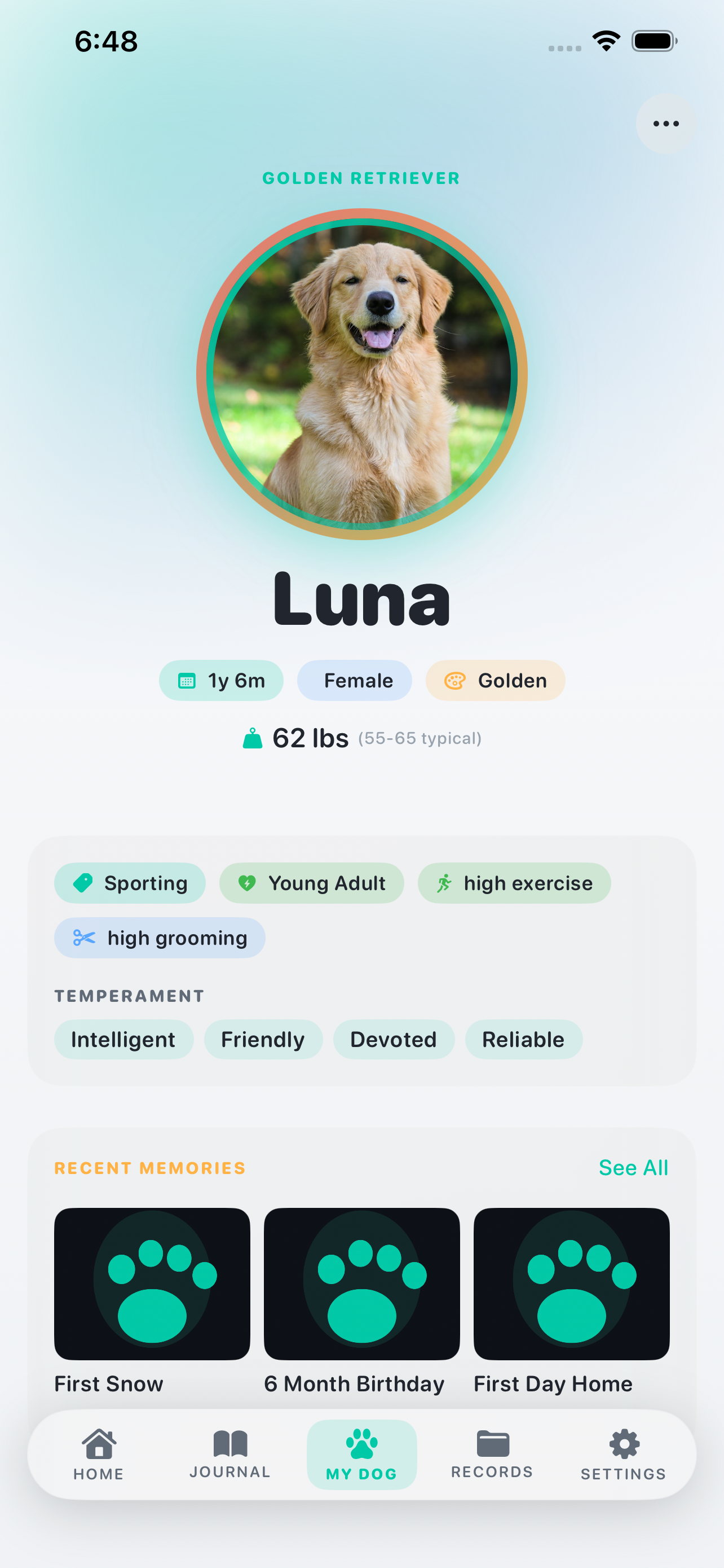 My Dog screen showing Luna with breed facts and recent memories