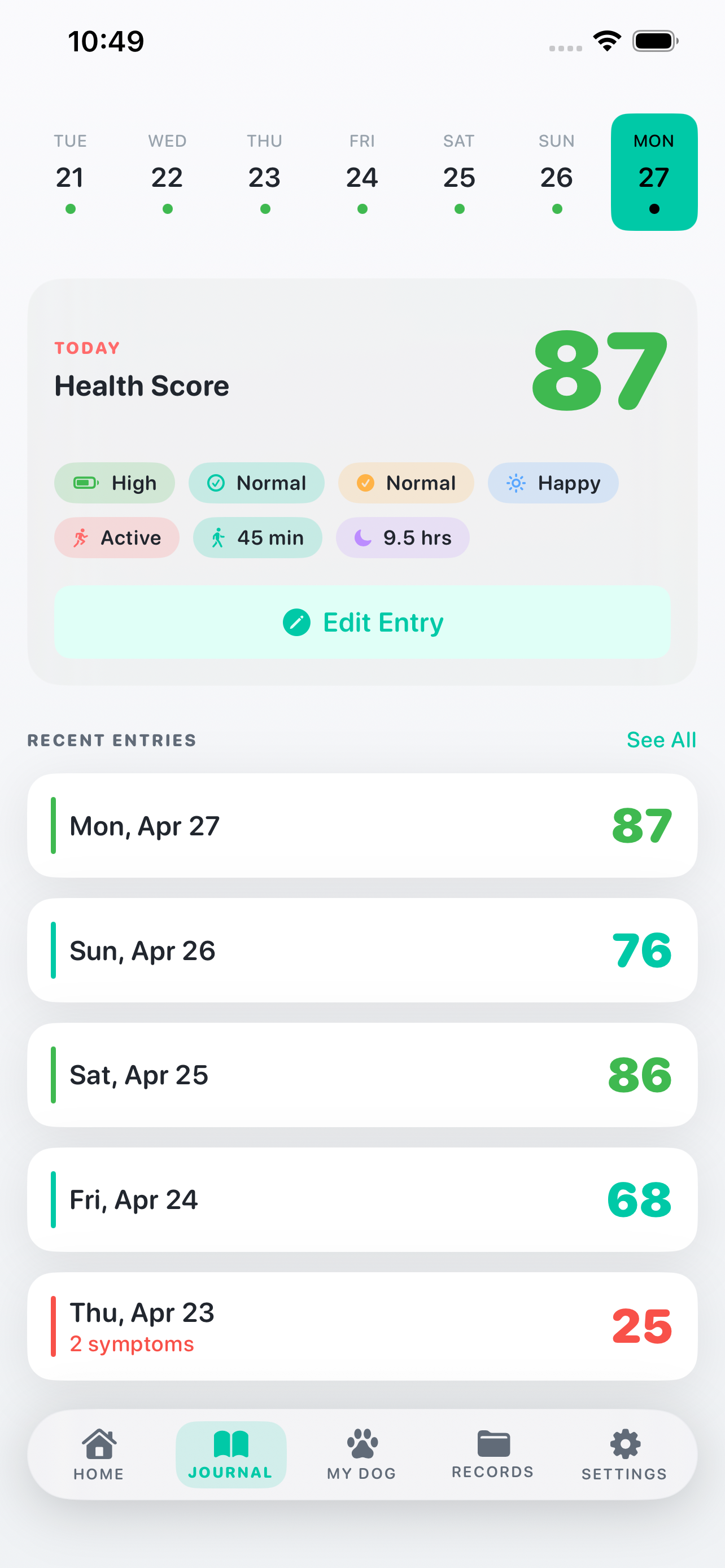 Daily Journal screen with this week's logs and recent entries