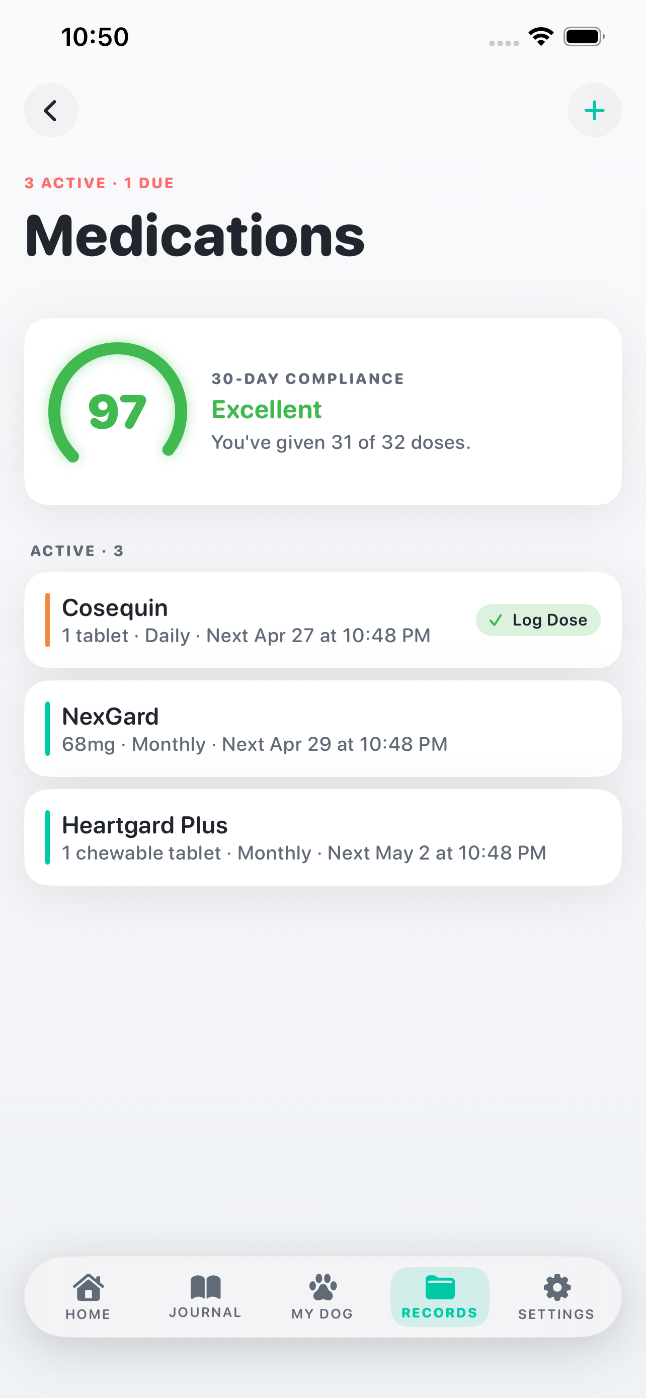 Medications screen with 30-day compliance score of 97